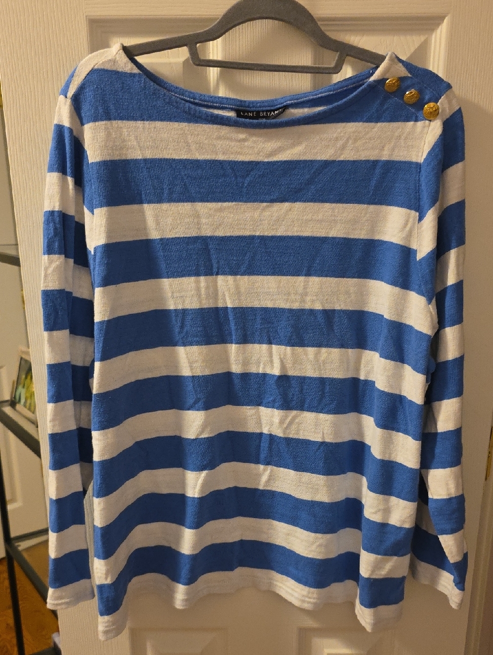Lane Bryant Blue and White Striped Boatneck Sweater with Gold Buttons